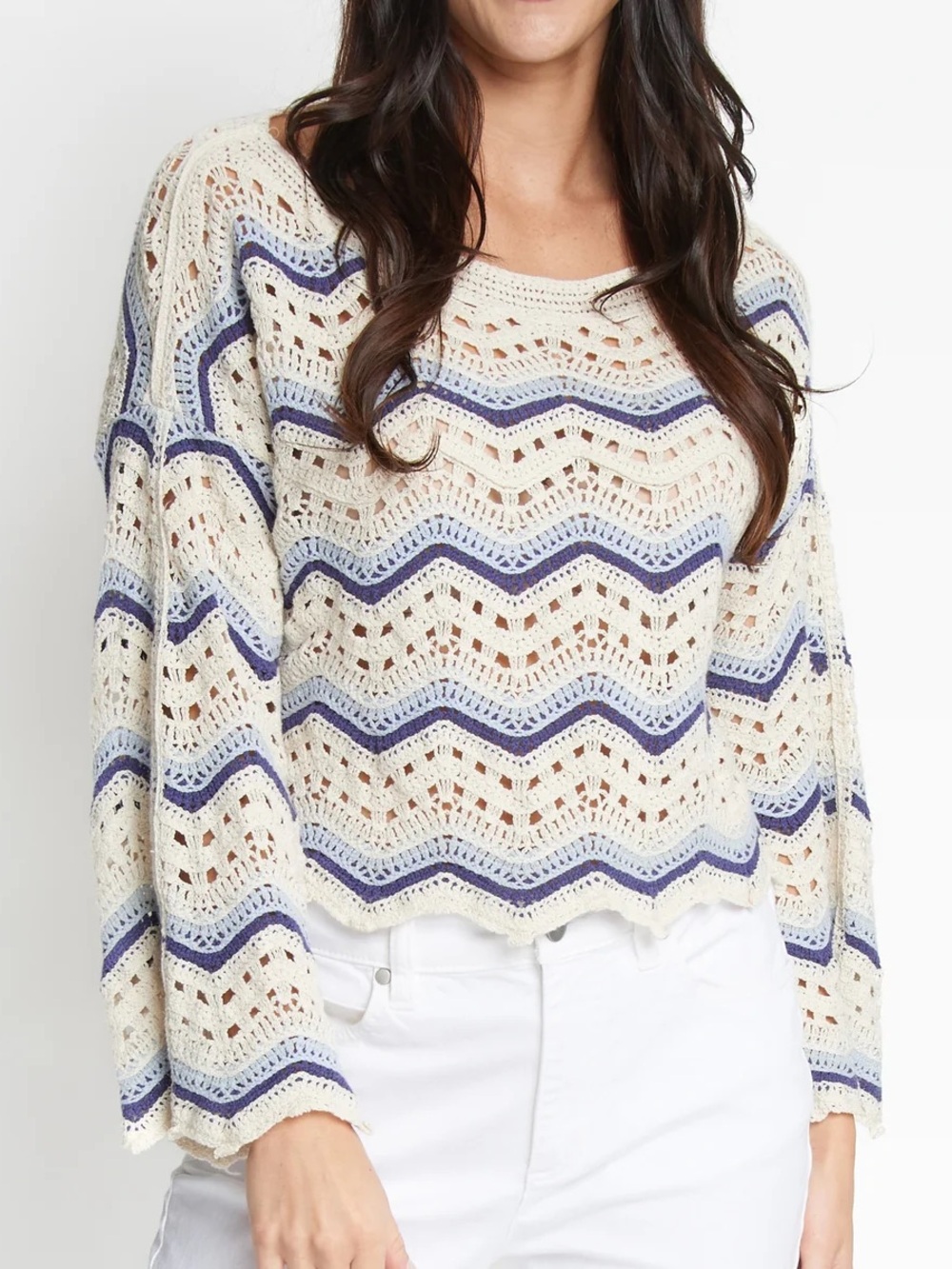 Elsie & Zoey Kala Striped Boat Neck Crochet Sweater Blue And Cream M/L